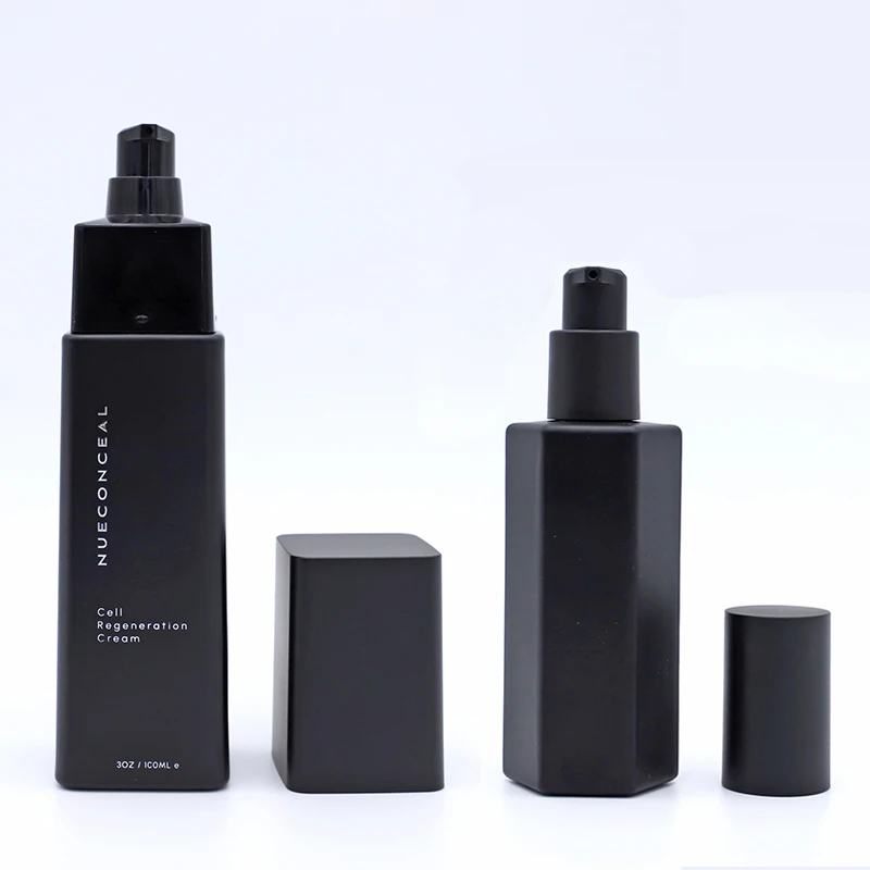 Frosted Glass Bottle Black Hexagon Trapezoid Lotion Bottle with Cream Foundation Pump
