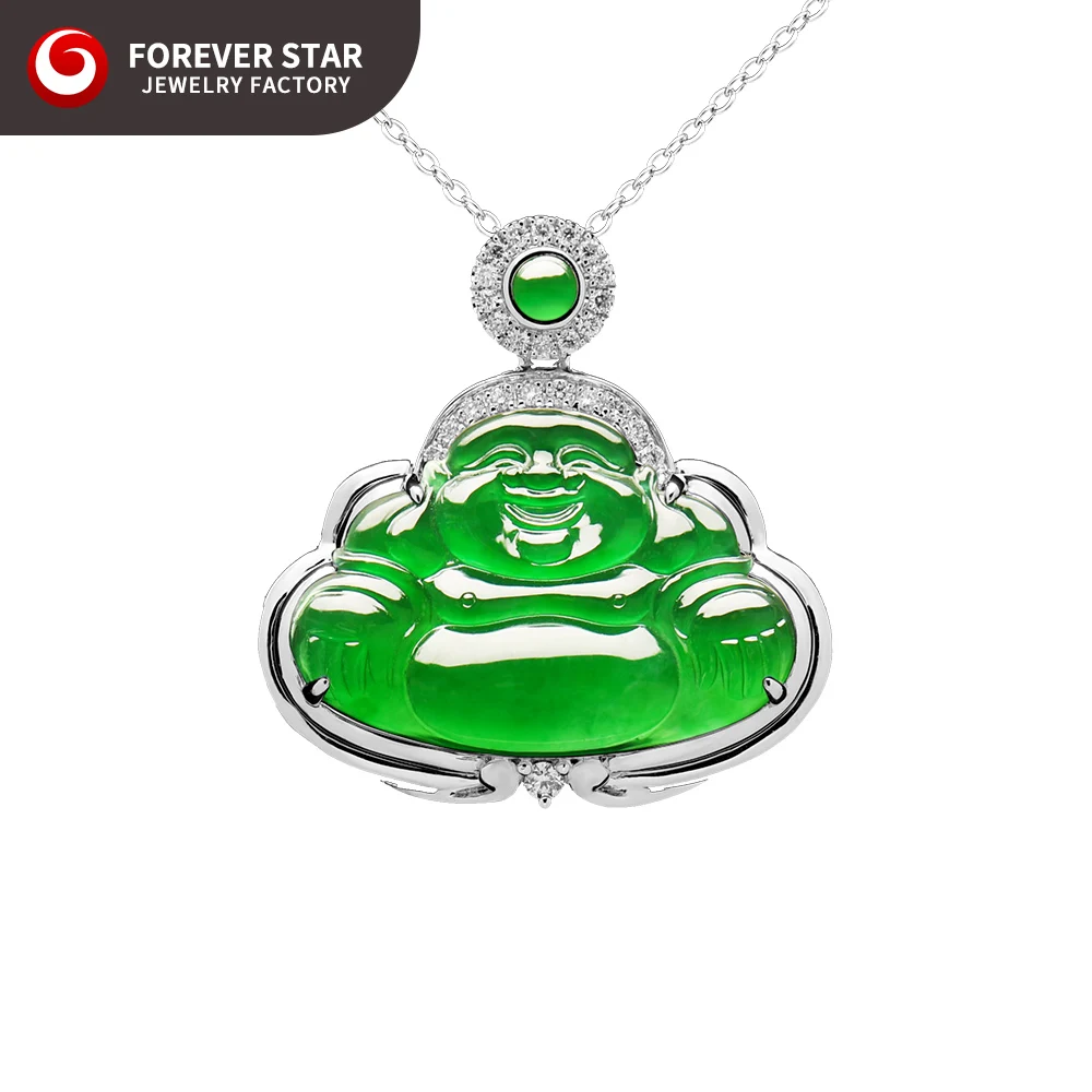 18k Gold Diamond Buddha Pendant A Grade jadeite Laughing Buddha White Gold Jade Buddha Pendant Necklace
