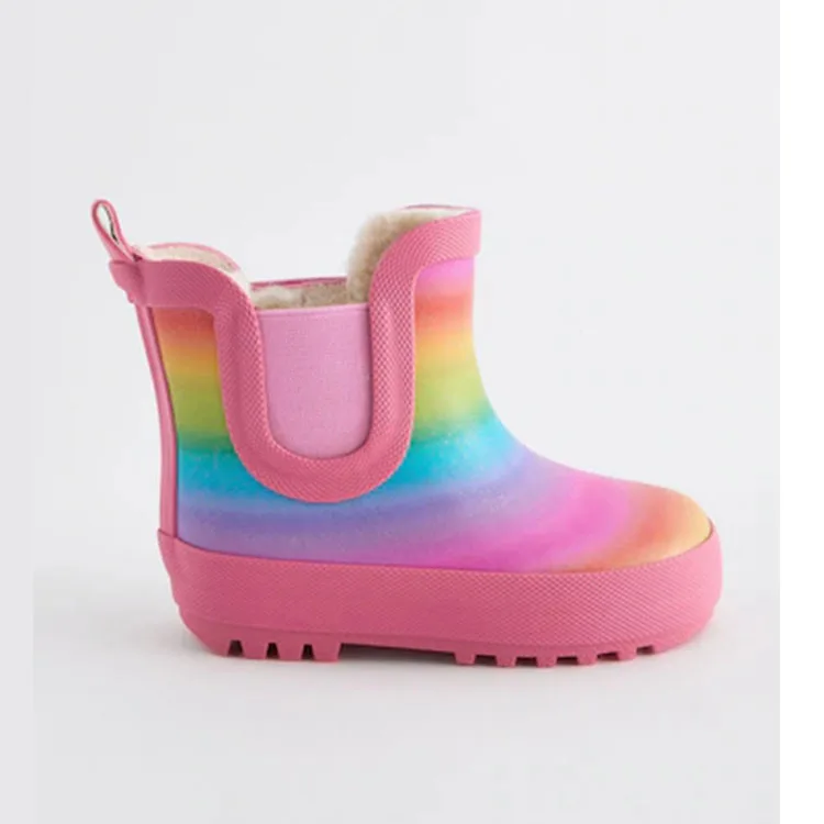 Custom Adorable Short Ankle Design Wellies Warm Faux Fur Lined Kids Rain Boots