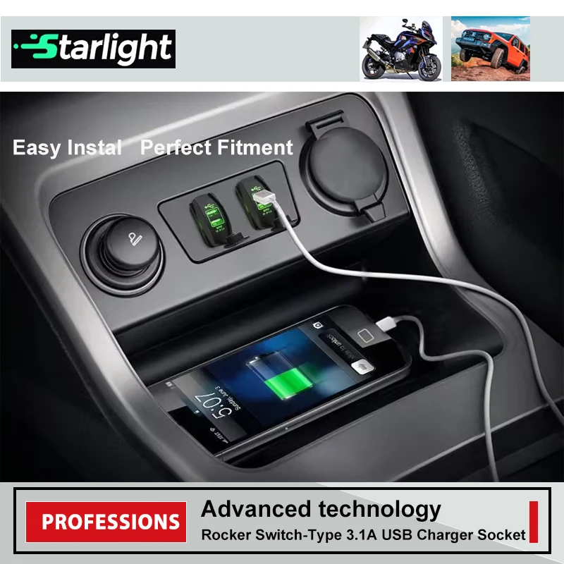 Dual USB Ports Car Charger Rocker Style Switch Waterproof 12-24V 3.1A Power Charge Socket with LED Light for Marine Boat Truck
