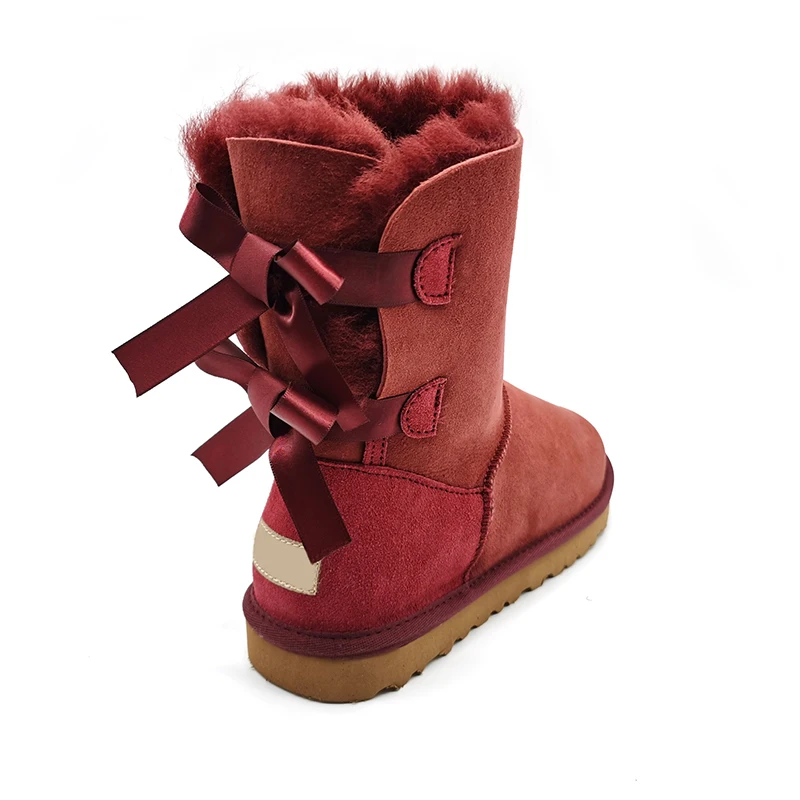 Зимние Детские женские ботинки с милым бантом, теплые зимние ботинки из искусственного овечьего меха