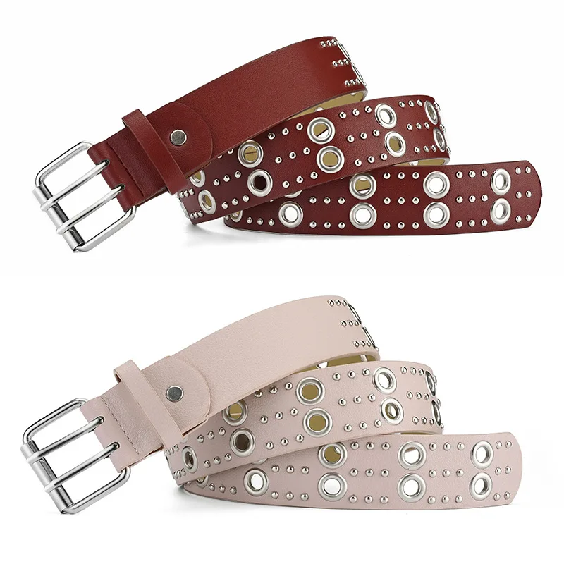 Unisex Metallic Buckle Adjustable Grommet PU Leather Punk Belt with Wide Metal Double Holes Eyelets For Casual Women Jeans