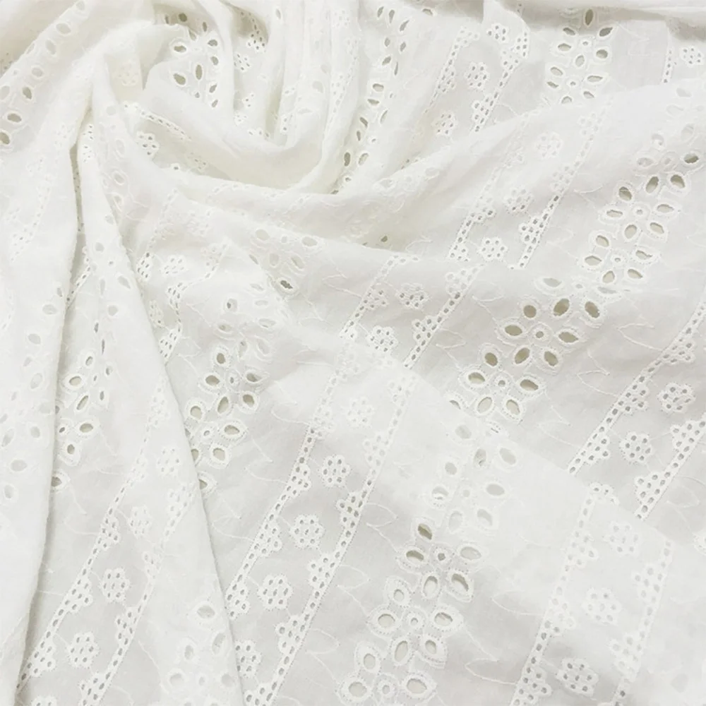 Wholesale Supplier Rice White Hollow Out Embroidery Cotton Eyelet Fabric 100% Pure Cotton Embroidery Fabric