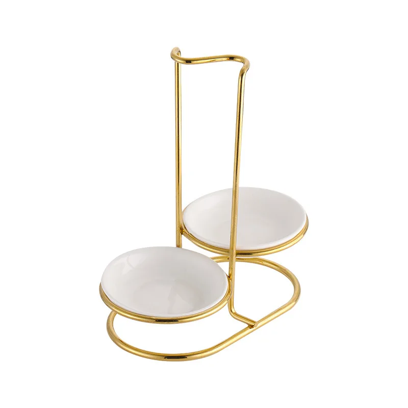 Golden Stainless Steel Spoon Rest Holder Ladle Holder Rack with 2 Bowl Dish for Restaurant