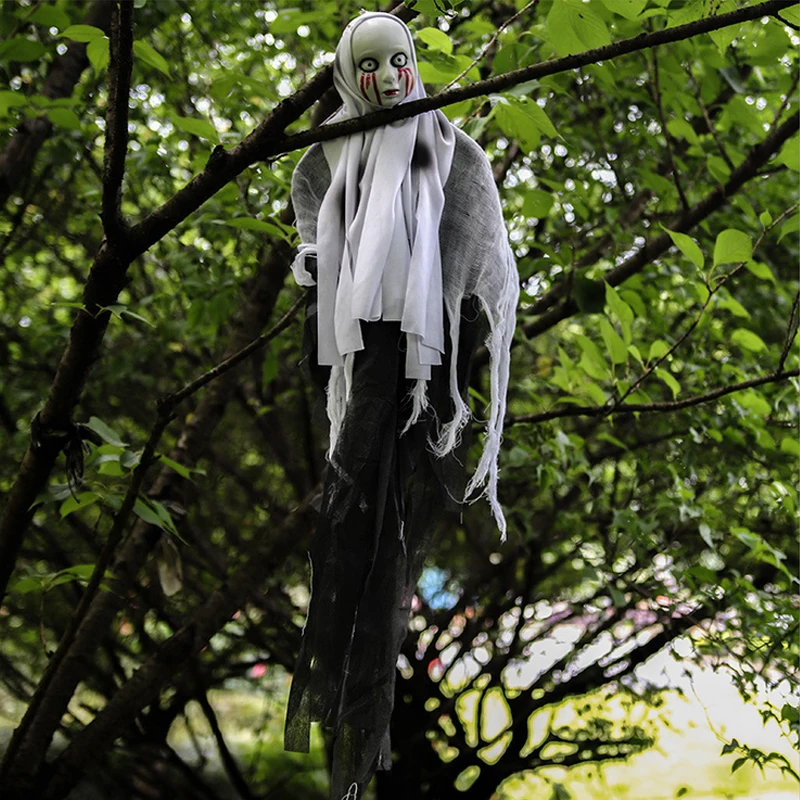 1pcs Halloween Hanging Ghost Horror Decoration Props Skull Head Eyes Bleeding Female Ghost Door Curtain Hanging Decor for Home