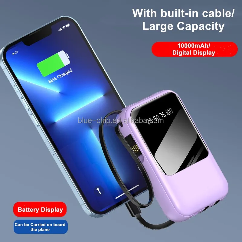 Custom Portable Mini 4 in 1 Built-in cables Dual USB Power Bank 20000mAh Large Capacity LED Digital Display Mirror Power Bank