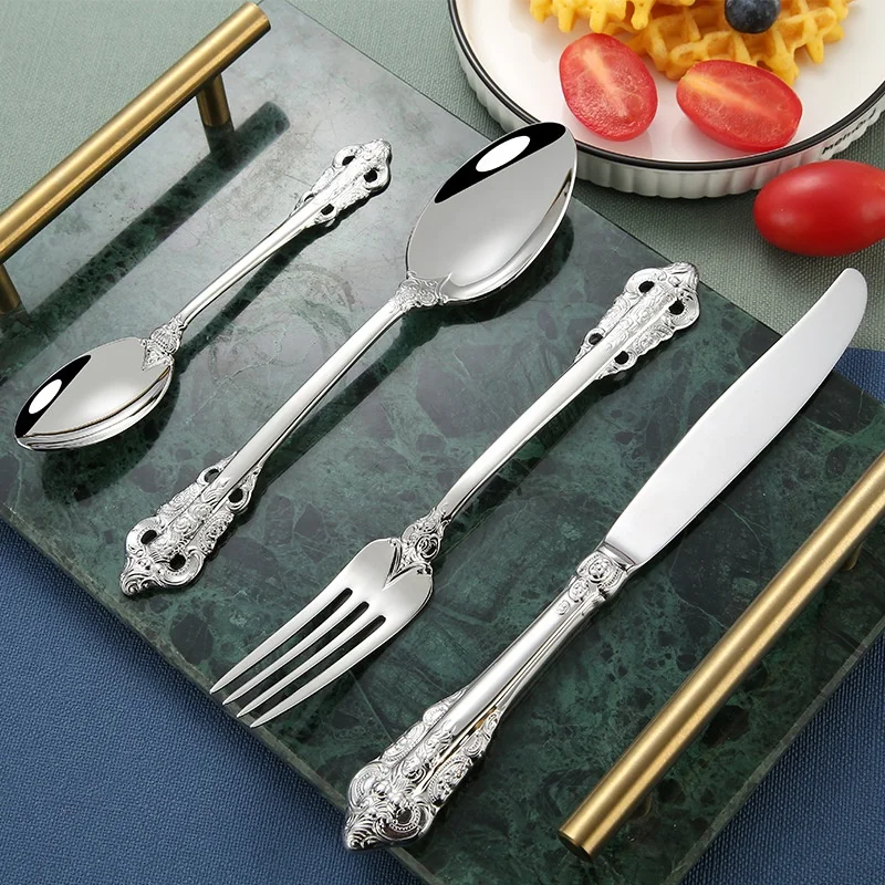 High end vintage luxury forks knife and spoons food grade royal stainless steel cutlery silver gold flatware sets