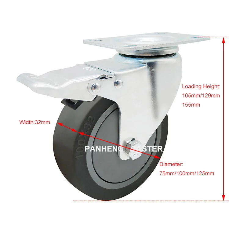 PH220 Wholesale Cheap Price 3/4/5 Inch Flat TPR Caster Wheel With Brake For Cart Medium Duty Caster Replacement Shopping Trolley