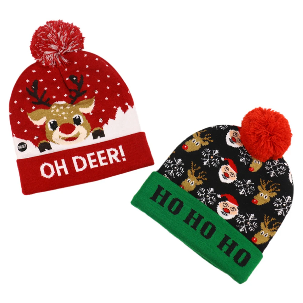 New Winter Festival Xmas, Party Pompom Led Hats Kids Led Light-up Hats Women Led Christmas Knitted Beanies Hat/