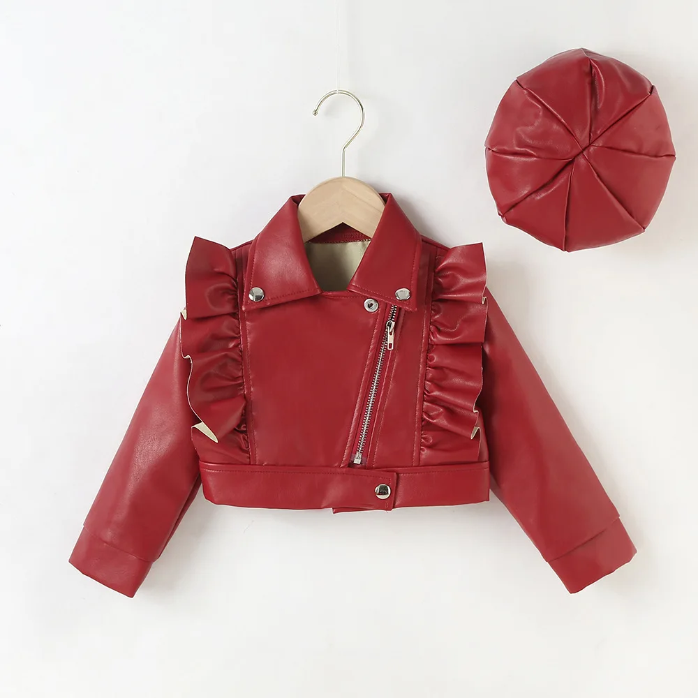 Fashion 2-7 Years Toddler Girls 2pcs Leather Jacket Hat PU Motorcycle Outerwear Ruffle Zipper Coat