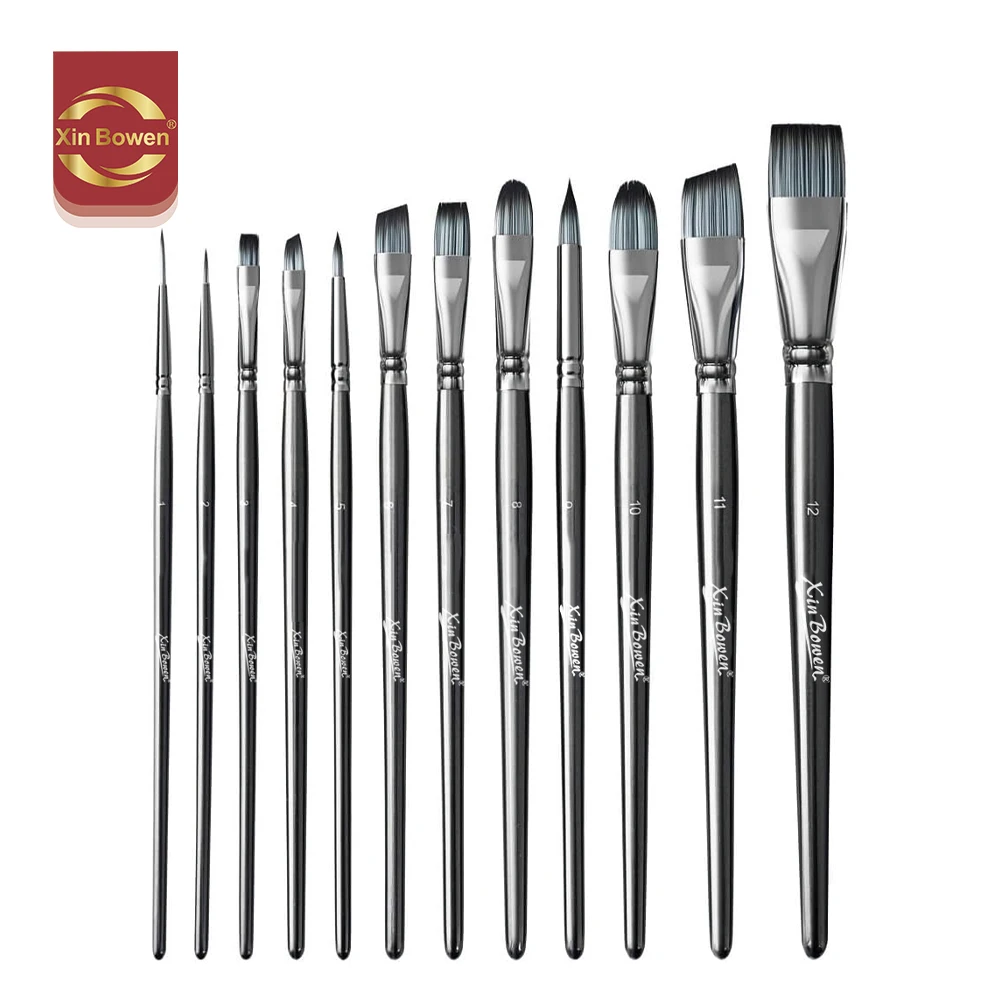 Xin Bowen quality watercolor oil painting artist brush set gun black copper nylon bristle paintbrush with nylon hair wood handle