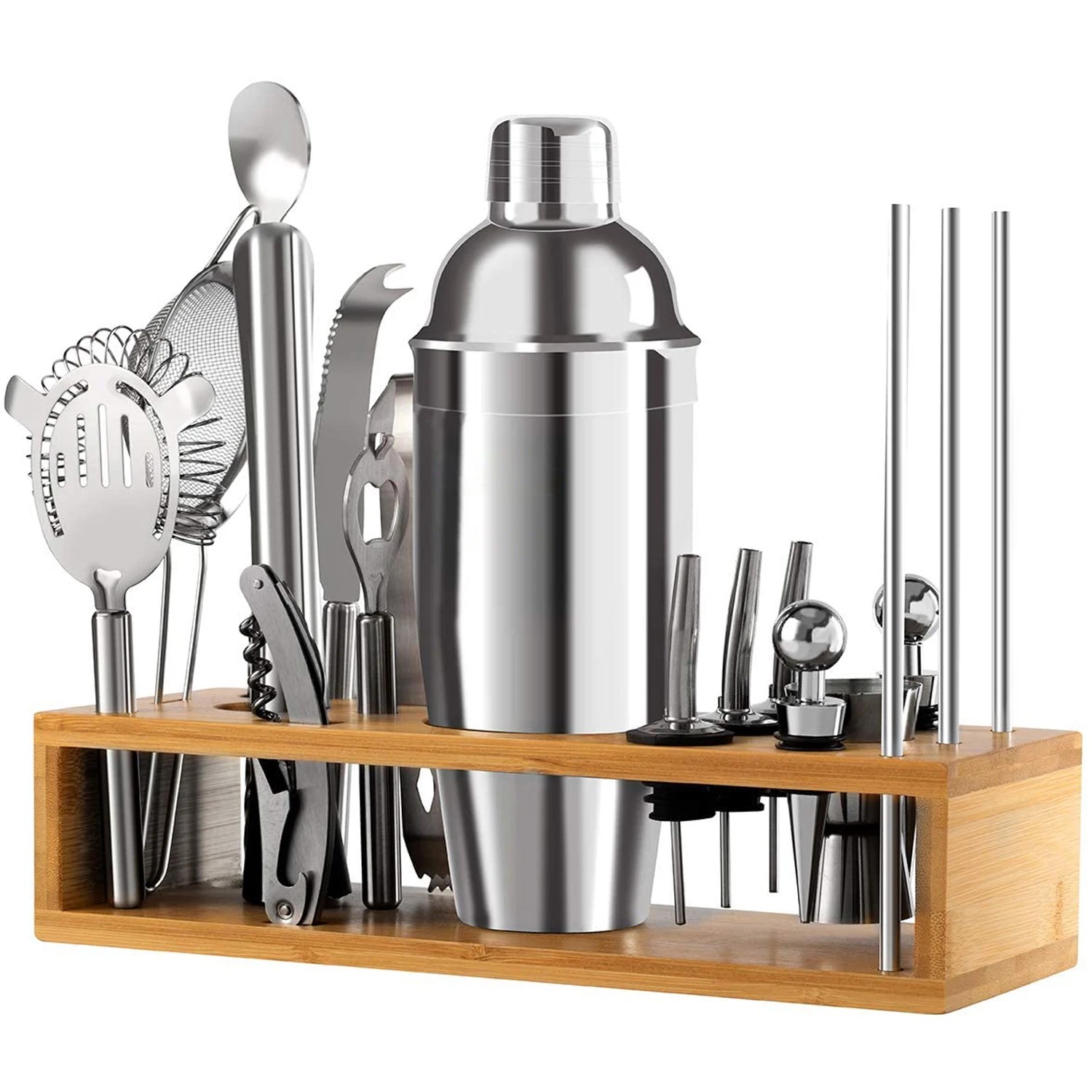 Wuyi Camol Deluxe 20pcs Bar Cocktail Shaker Set  750ml Shaker to Straws & Bamboo Stand - Comprehensive Kit - Bar Cocktail Shaker