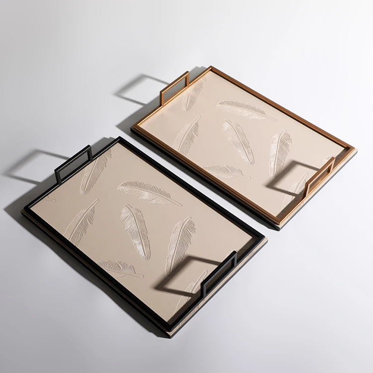 hot-sell modern hotel feather pattern decoration rectangular luxury leather tray with gold handle
