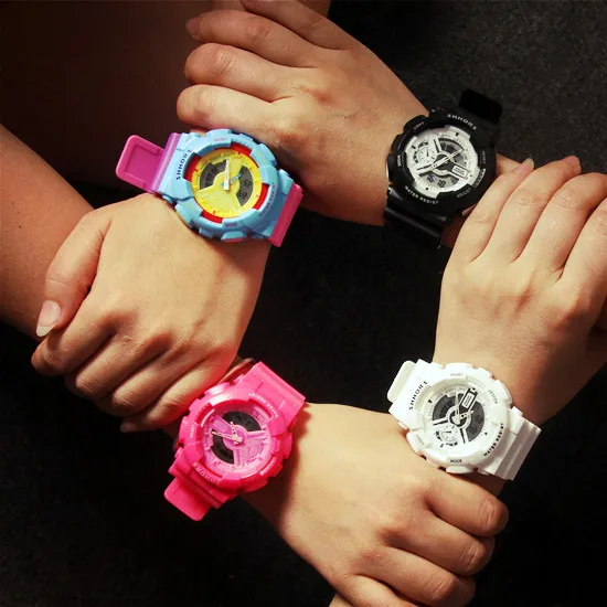 SHHORS double display  sports waterproof large dial watch candy color jelly color electronic watch for students women