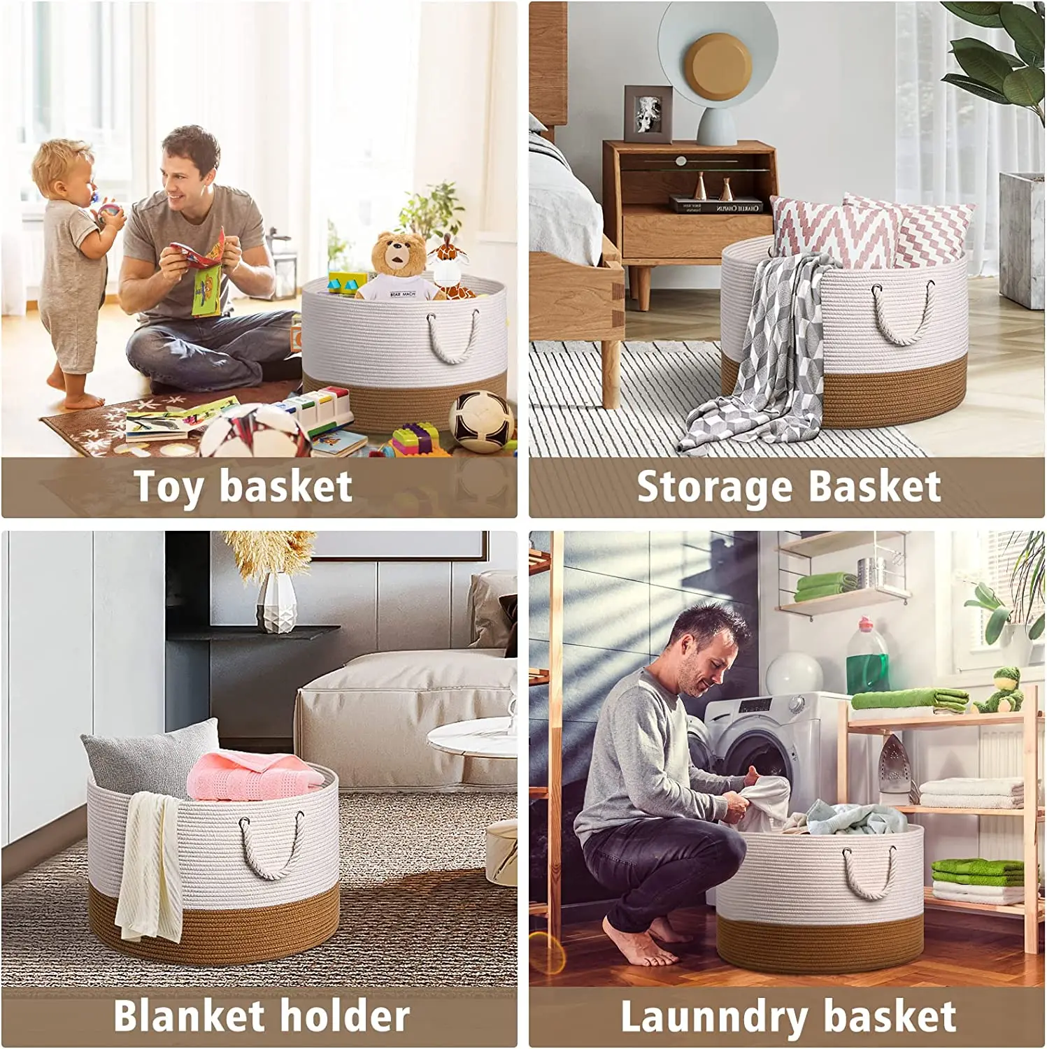 QJMAX Woven Cotton Rope Blanket Basket Living Room Bedroom Organization For Storage