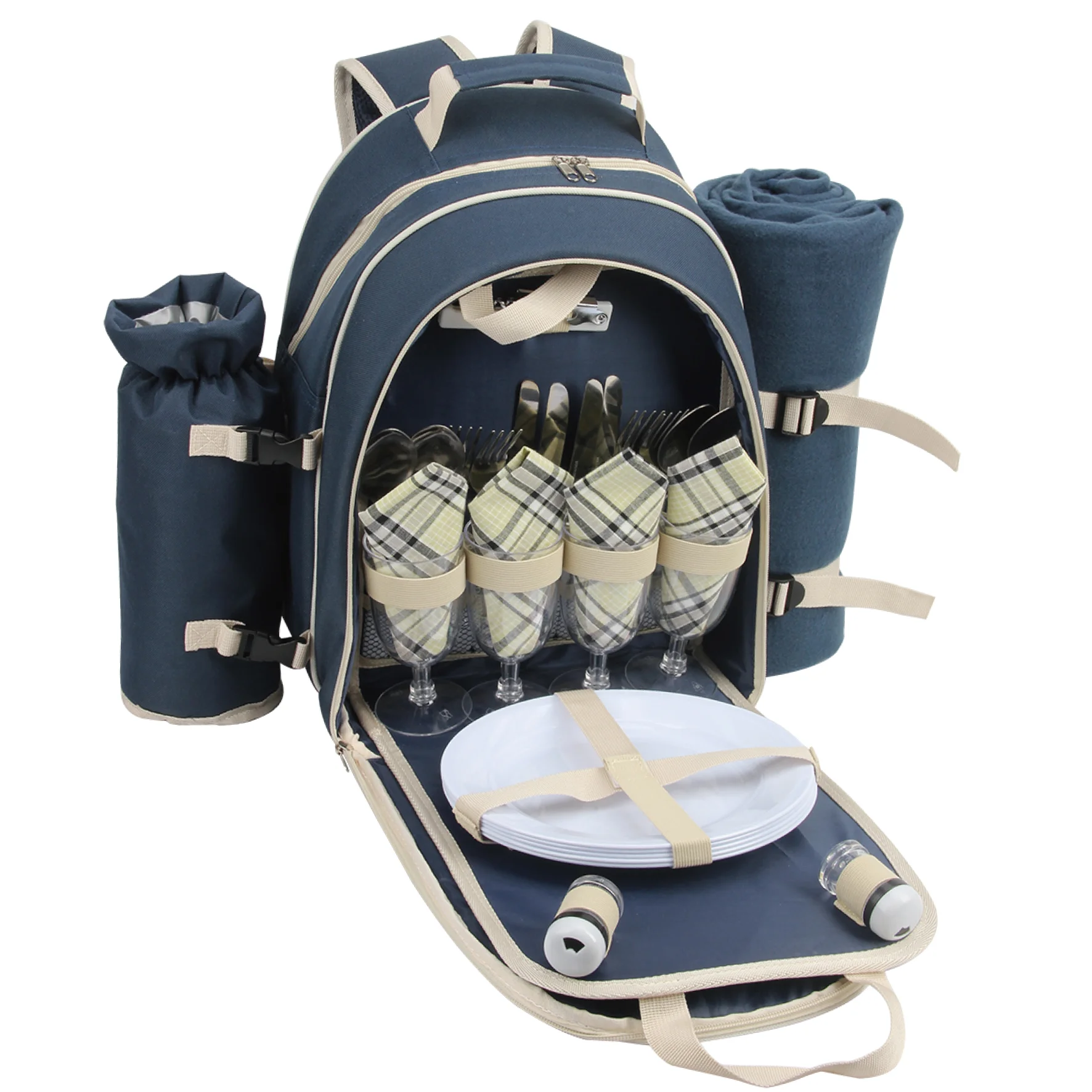 Large capacity Polyester picnic backpack set for 4 with Cooler compartment picnic blanket