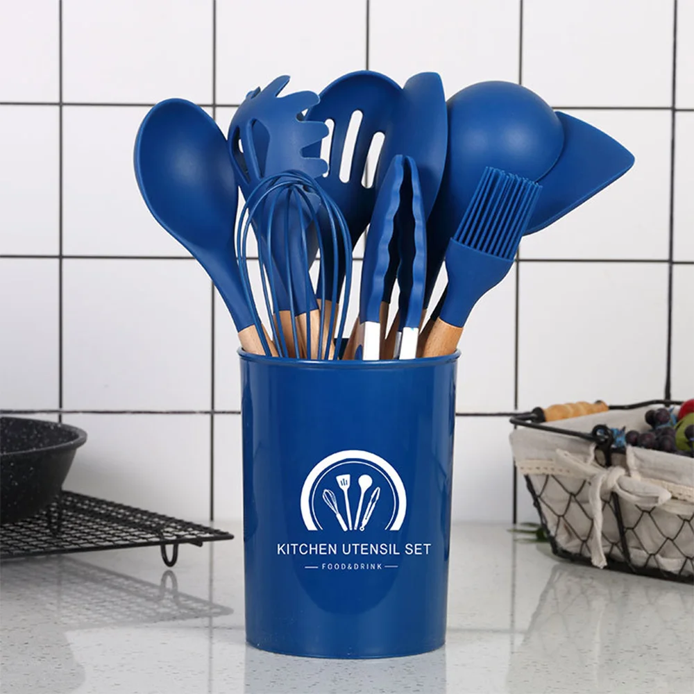 New Style 12 Pieces 1 Set Silicone Kitchen Accessories Cooking Tool Kitchenware Silicone Kitchen Utensils With Wooden Handle