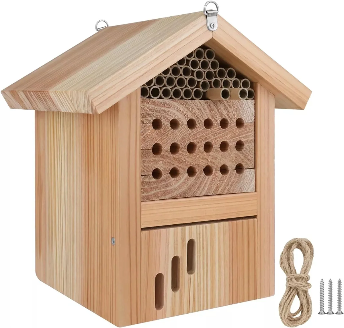 WILDMX Bee House Wax Coated Bee Hotel Outdoor Hanging Wooden Insect Hotel Attracts Many Bees to Build a Nest