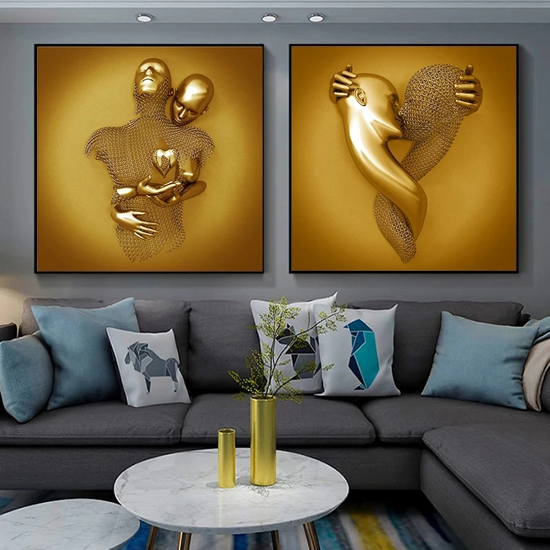 Nordic Couples Metal Figure Statue Abstract Art Canvas Painting Lover Sculpture Wall Hanging Painting for Living Room Home Decor
