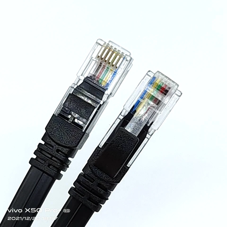 Flat molded black telephone cable rj12 to rj12 6p6c connector rj12 flat patch cord