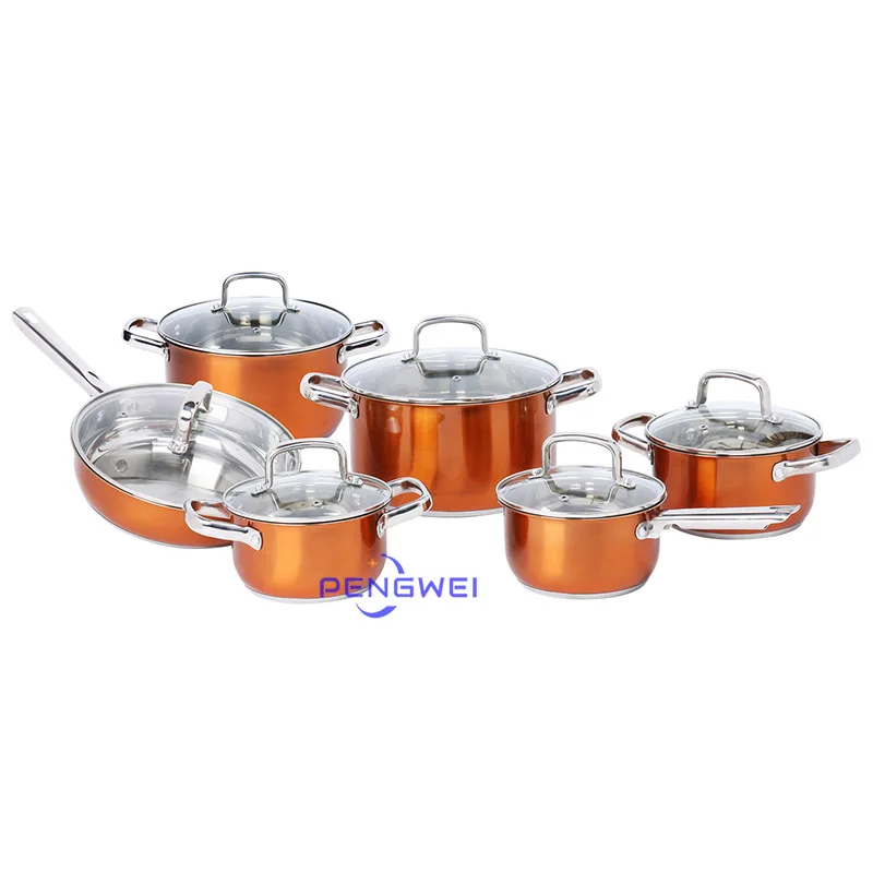 12 pcs 5 layer bottom kitchen cookware pot and pan set nonstick fry panstainless steel orange cookware set cooking