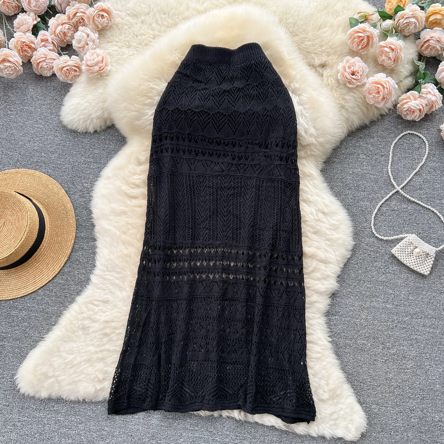 New Fashion Summer Slim Hollow Crochet French Long Knit Skirt