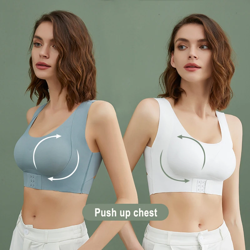 Cross back front closure high quality adjustment push up fitness laser cut corrected posture women yoga sport seamless bra