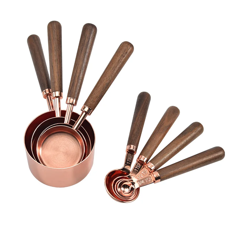 4 pcs Wood Handle Copper Plated Rose Gold Measuring Spoons and Measuring Cups