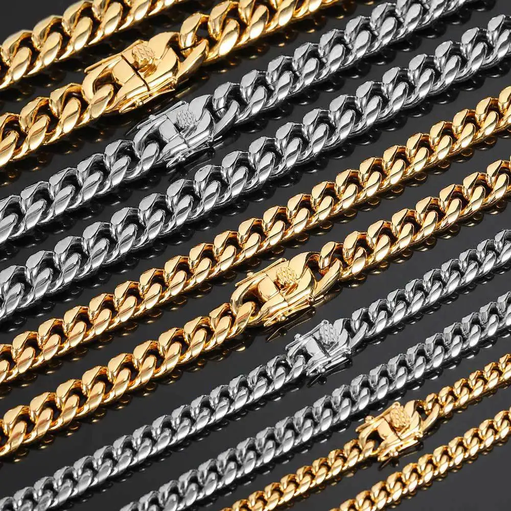 14 мм модные ювелирные изделия 14k 18k позолоченные из нержавеющей стали кубинские звенья цепи ожерелья браслет