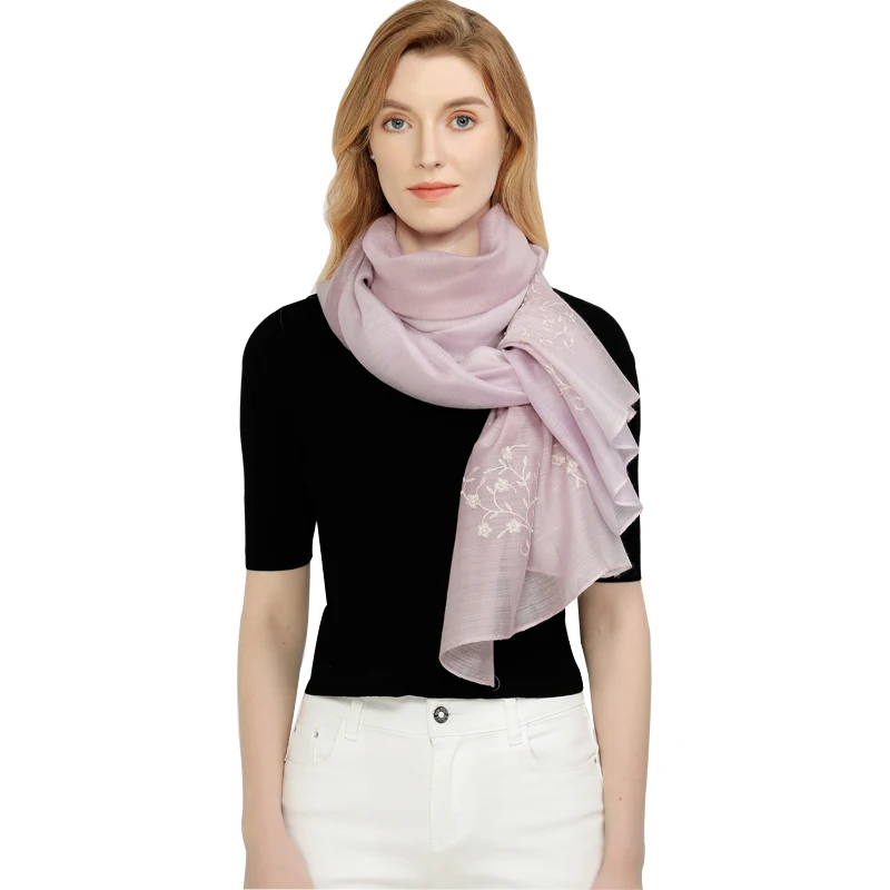 Purple lightweight embroidered silk wool blend fabric scarf cashmere long women shawl