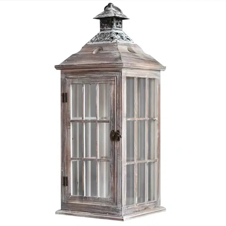 Nordic retro old wind lamp floor gift wind proof iron glass candlestick wooden candle holder metal lanterns and candle jars