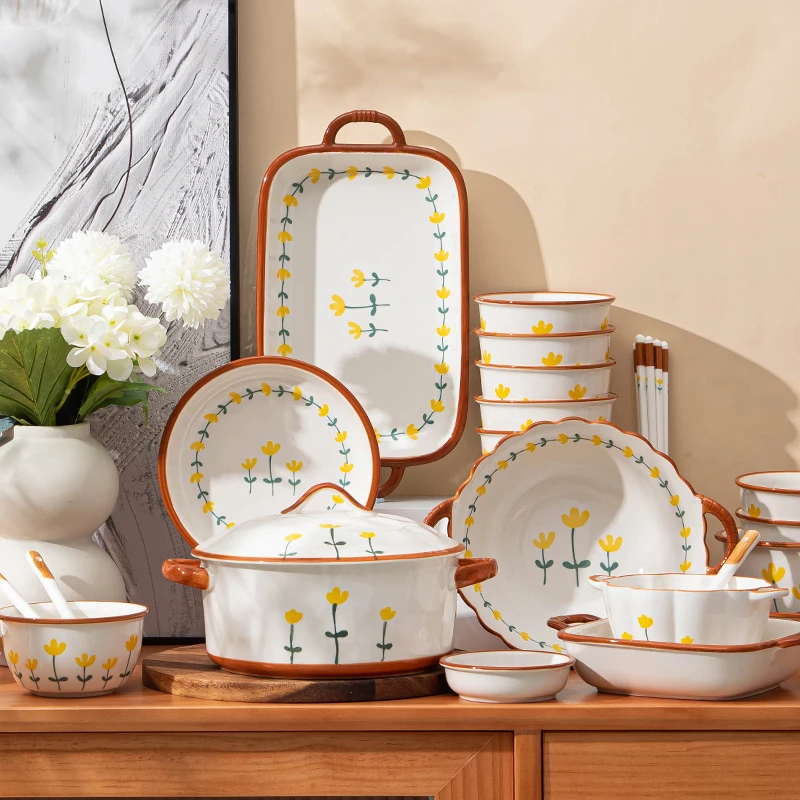 Nordic simple flower porcelain dinnerware restaurant hotel home kitchen ceramic plates and bowls set luxury wholesale tableware