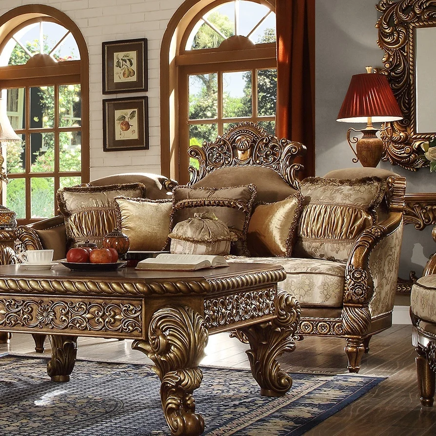 Wooden Carving European Golden Living Room Sofa 1+2+3 Sitting Room Sectional Sofa Set With Coffee Table