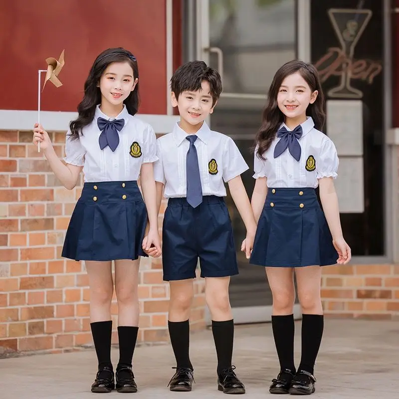 RG-Hot Sale summer boys and girls shirts tops suits 2 pcs sets children school uniform design