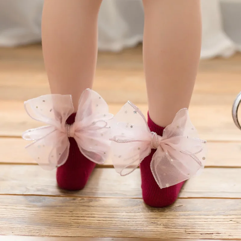 
Kids socks No MOQ Little Girls Fashion Cotton Cute organza Bow princess Socks 