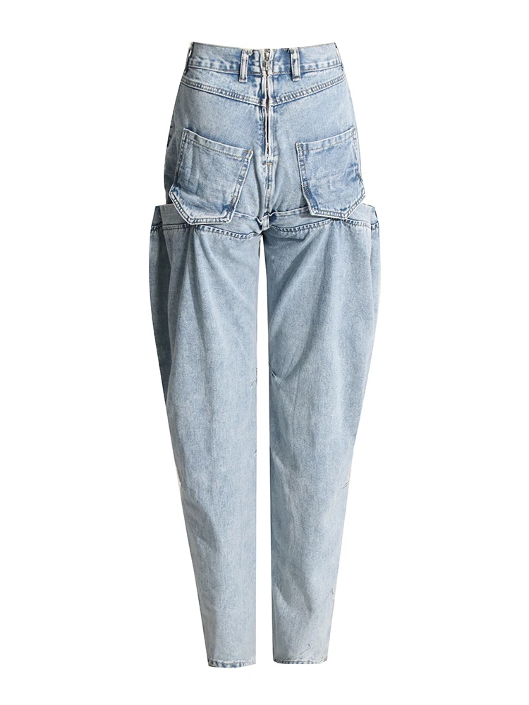 TWOTWINSTYLE Irregular Hollow Out Denim Jeans High Waist Patchwork Zipper Casual Pant For Women