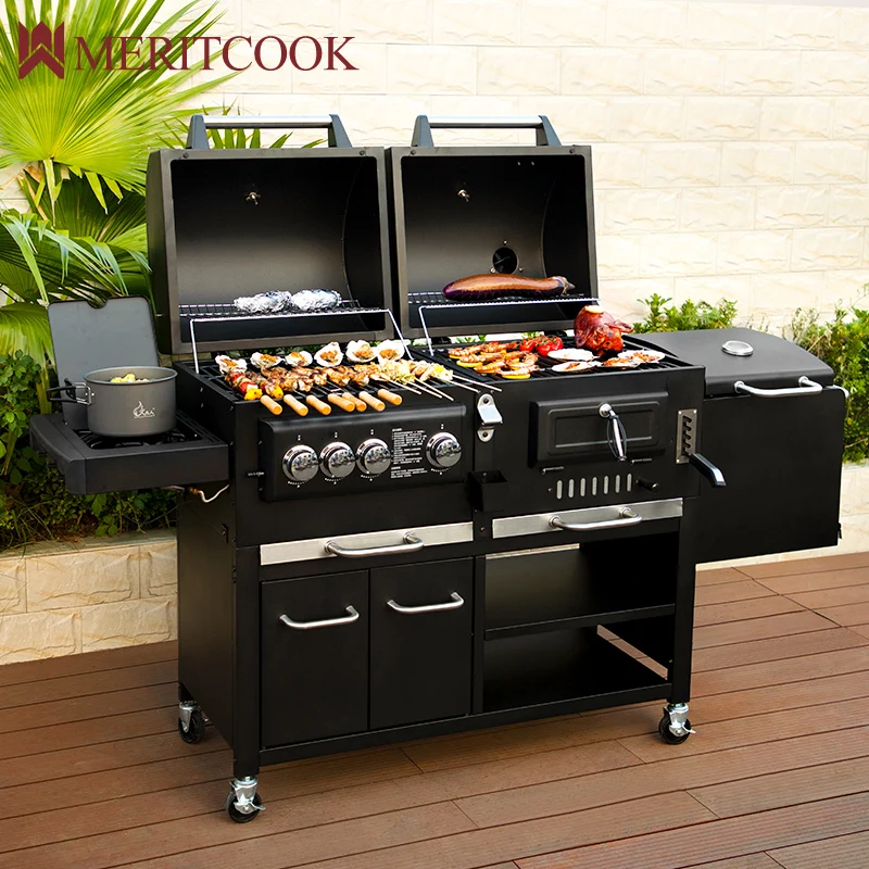Уличный большой газовый и угольный гриль, сверхмощная тележка для барбекю, Бездымная комбинированная Коммерческая барбекю гриль для барбекю