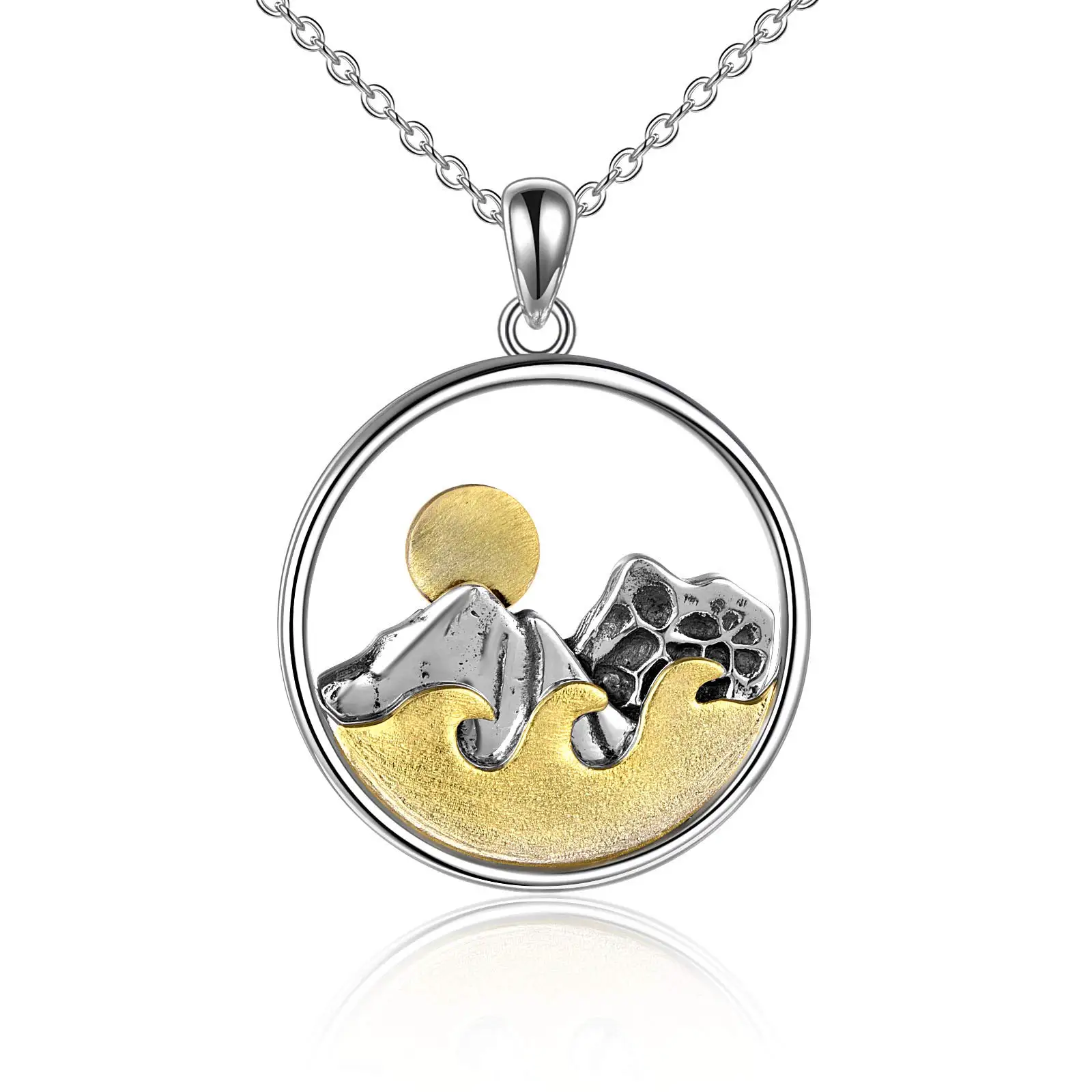 Nature Jewelry 925 Sterling Silver Two Tone Mountain Range Ocean Wave Pendant Necklace