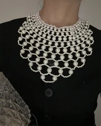 Women Hollow Out Woven Imitation Pearl Necktie Necklace Retro Weaving Beaded Vintage Jewelry Choker Big Flower Shirt Tie Collar