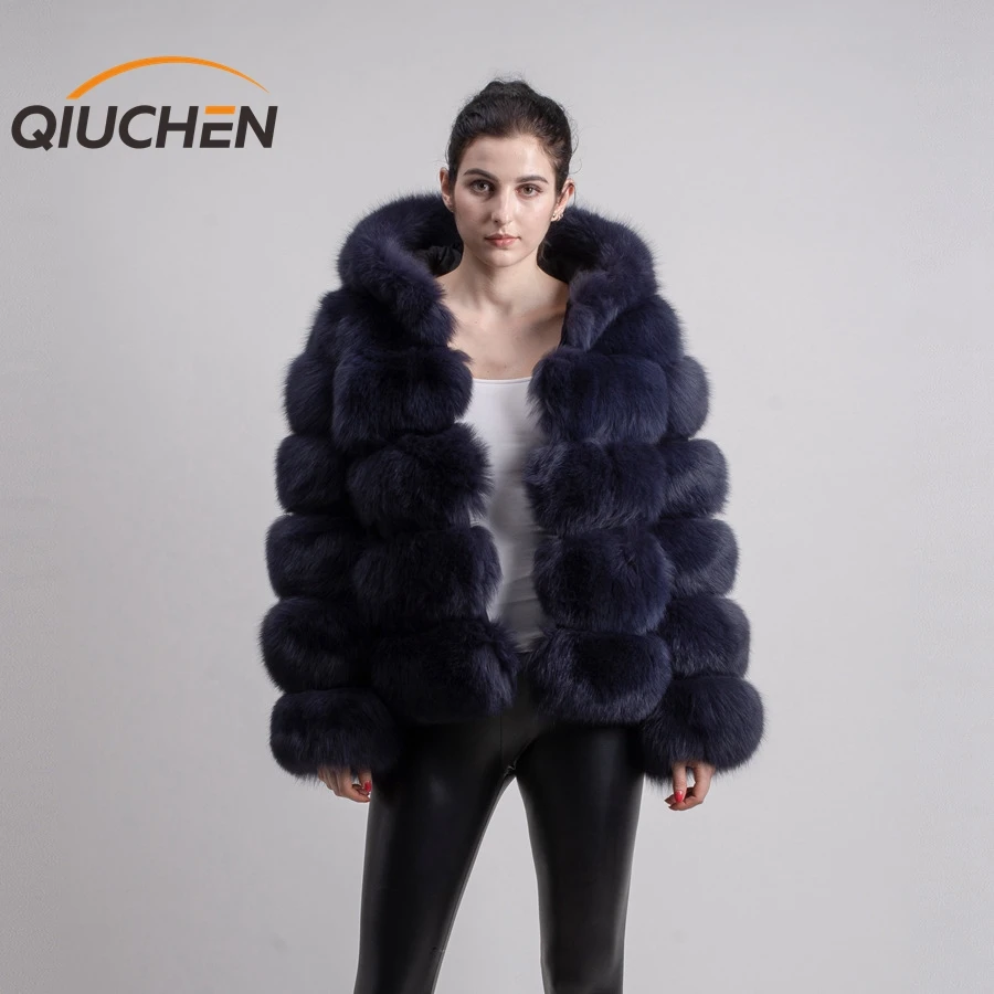 QIUCHEN QC8143 new arrival women coat winter real fox fur coats hood jacket natural fur clothes hot sale