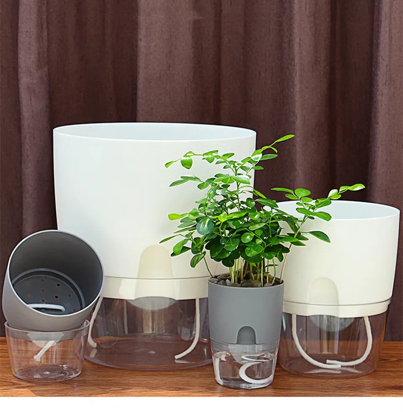 Lazy Flower Pots Self Watering Plastic Flower Pots Absorbent Cotton Rope Nursery Plant Pots For Flowers Succulent Plants Indoor