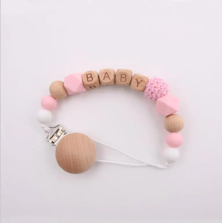 Silicone beech wood new baby teething relief pacifer holder clip toy