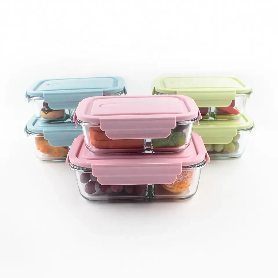 Glass leakproof friendly material clear rectangle 2 compartment lunch box set with air bleeder plastic lid for food storage