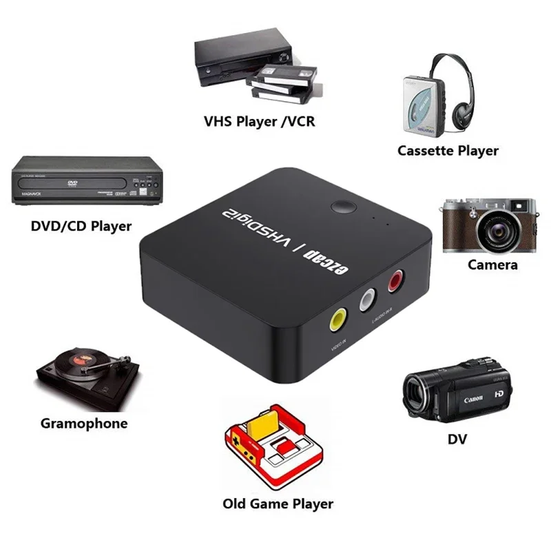 Analog Video Recorder AV Capture VHS To Digital Converter Video Tapes Transfers to Digital Format USB SD Hi8 DVD VCR DVR