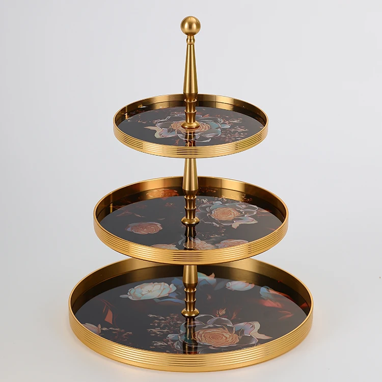 Wholesale luxury pattern decorative wedding events birthday decor gold dessert stands cake display 3 tier glass cake stand