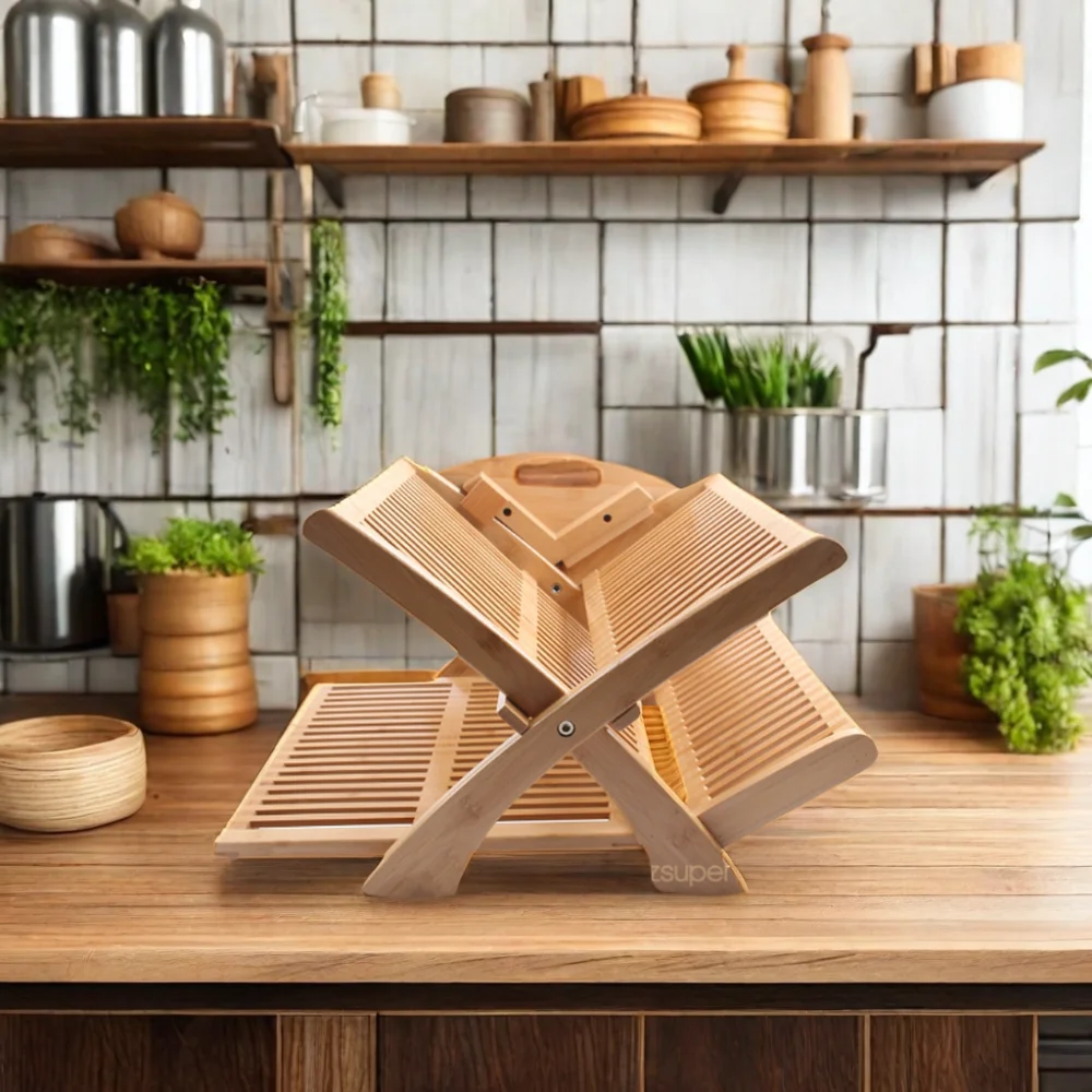 Double-Tiered Collapsible Bamboo Dish Drying Rack with Utensil Holder Durable Kitchen Storage for Sink OEM ODM Design