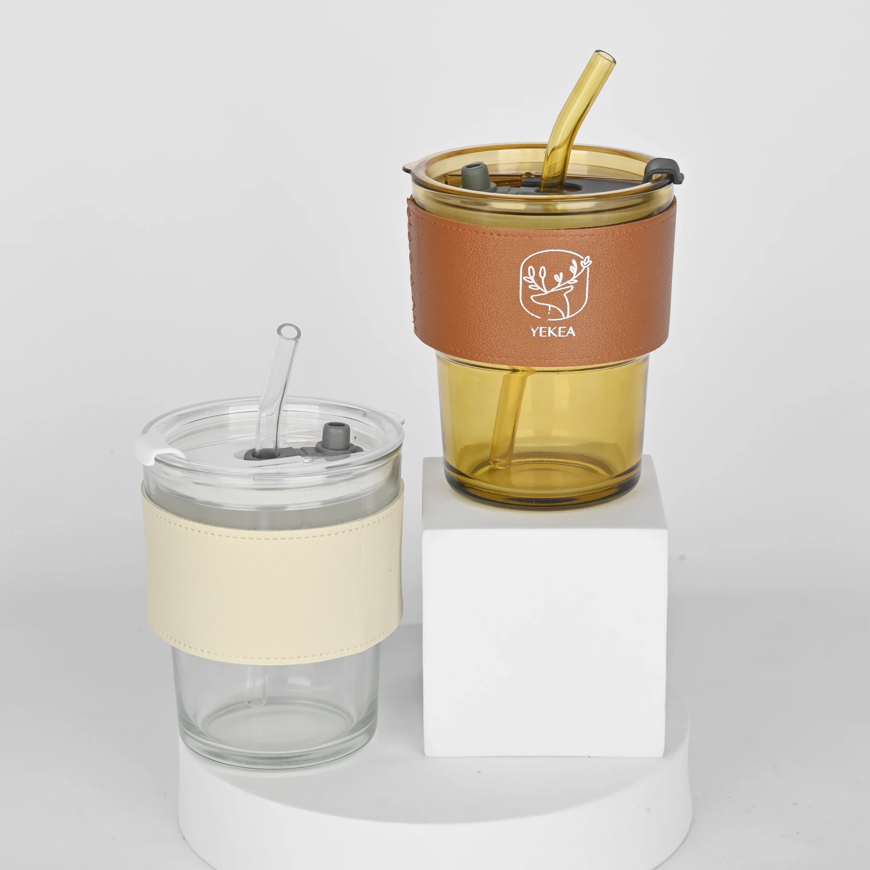 2024 New 290PCS Custom Glass Travel Coffee Cup Mug Cover And Straw Heat-Resistant Tea water bottle With Leather Sleeve Gift