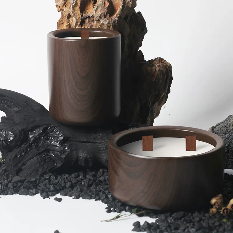 Aikun Wholesale Large Capacity 500g Soy Wax Scented Candle Walnut Wood Grain Matte Ceramic Jar Beeswax Candle