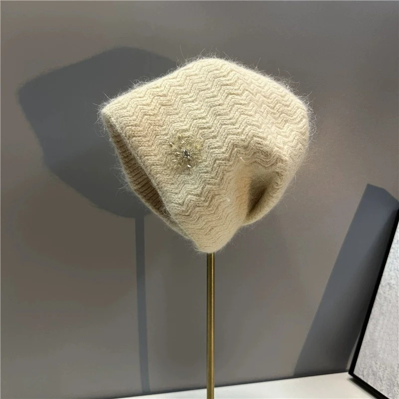 Diamond Flower Rabbit Hair Fashion Double Layer Thickened Knitted Hat Warm Wool Beanie