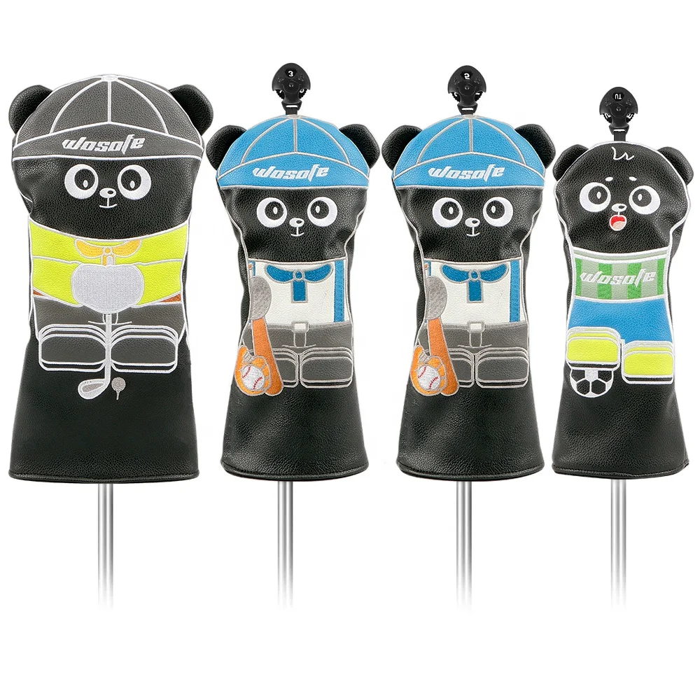Custom New Design Cute panda golf headcover set  PU Leather golf Driver Fairway Hybrid